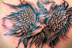 an eagle with spread wings and with a formidable wise look on the collarbones. Wings and paws are visible tattoo idea