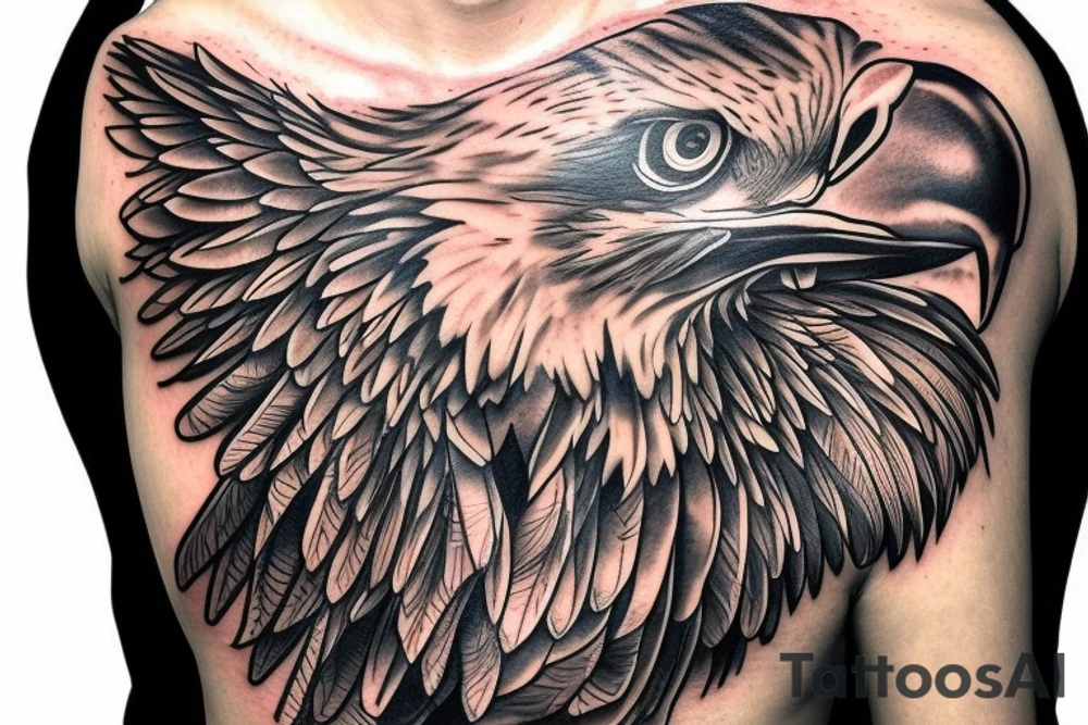 an eagle with spread wings and with a formidable wise look on the collarbones. Wings and paws are visible tattoo idea