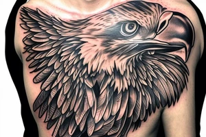 an eagle with spread wings and with a formidable wise look on the collarbones. Wings and paws are visible tattoo idea