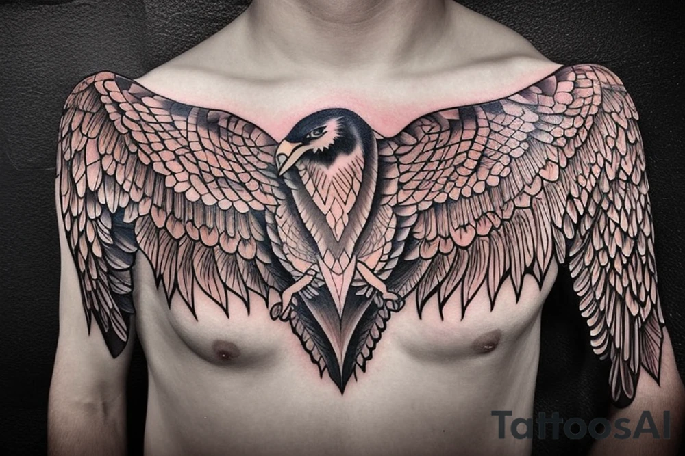chest tattoo. an eagle with spread wings and with a formidable wise look. Wings and paws are visible. bright eyes. tattoo idea
