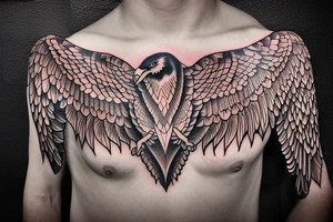chest tattoo. an eagle with spread wings and with a formidable wise look. Wings and paws are visible. bright eyes. tattoo idea
