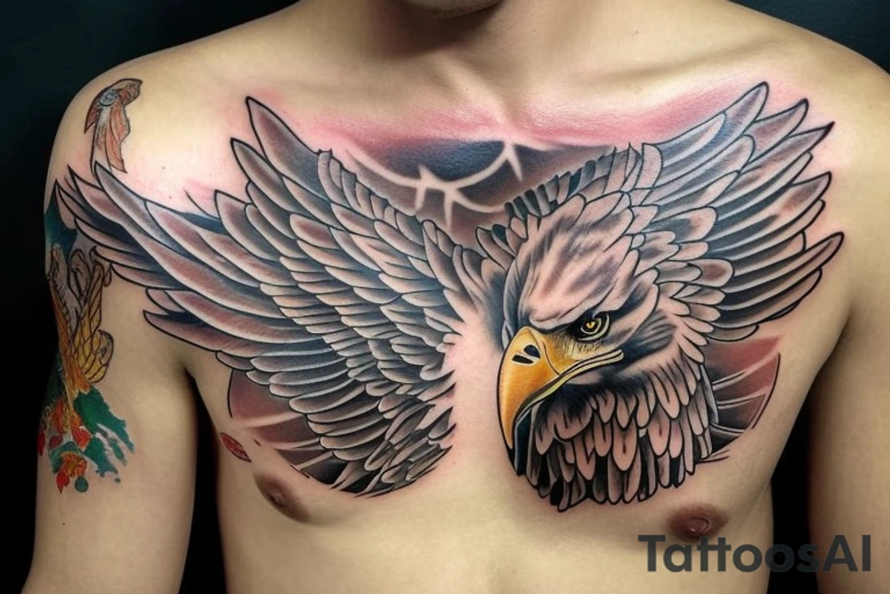 chest tattoo. an eagle with spread wings and with a formidable wise look. Wings and paws are visible. bright eyes. tattoo idea
