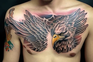chest tattoo. an eagle with spread wings and with a formidable wise look. Wings and paws are visible. bright eyes. tattoo idea