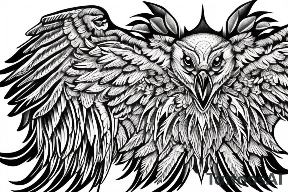 chest tattoo. an eagle with spread wings and with a formidable wise look. Wings and paws are visible. bright eyes. tattoo idea