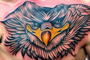 chest tattoo. an eagle with spread wings and with a formidable wise look. Wings and paws are visible. bright eyes. tattoo idea