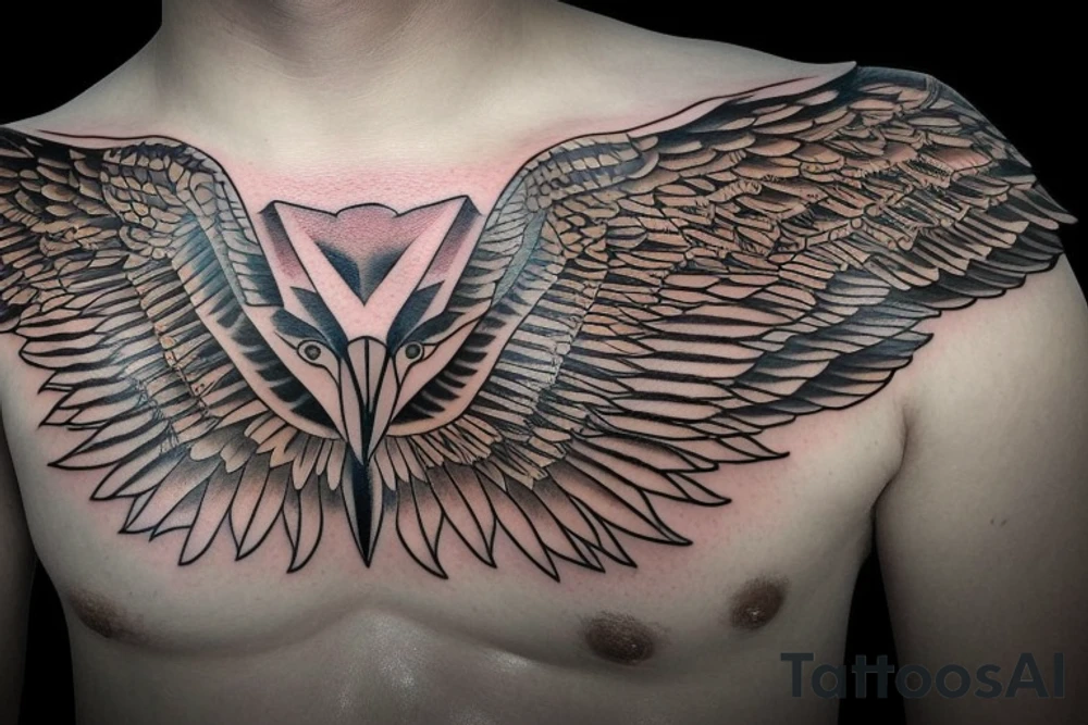 chest tattoo. an eagle with spread wings and with a formidable wise look. Wings and paws are visible. bright eyes. tattoo idea