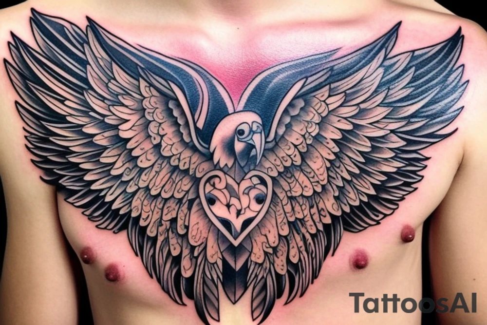 chest tattoo. an eagle with spread wings and with a formidable wise look. Wings and paws are visible. bright eyes. tattoo idea