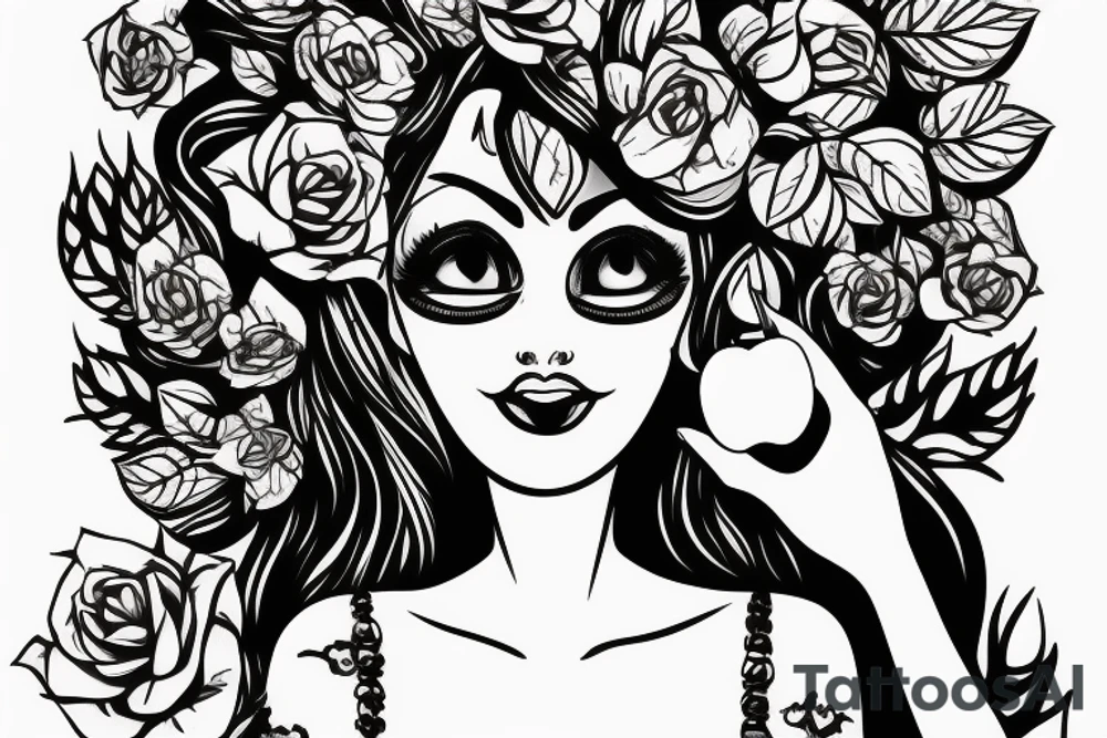 Woman holding apple in front of mouth with succulent hair covering one eye, the other eye open and looking forward. tattoo idea