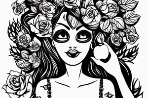 Woman holding apple in front of mouth with succulent hair covering one eye, the other eye open and looking forward. tattoo idea