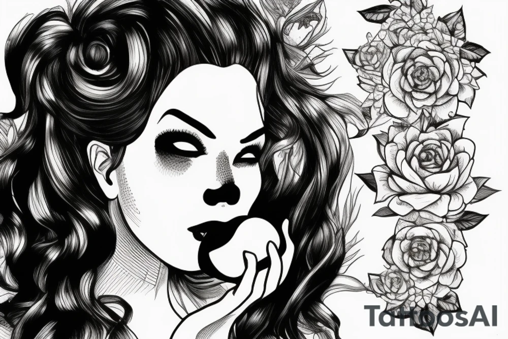 Woman holding apple in front of mouth with succulent hair covering one eye, the other eye open and looking forward. tattoo idea