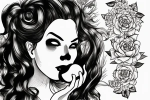 Woman holding apple in front of mouth with succulent hair covering one eye, the other eye open and looking forward. tattoo idea