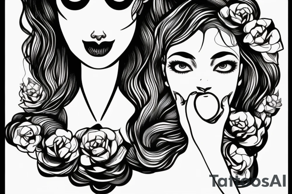 Woman holding apple in front of mouth with succulent hair covering one eye, the other eye open and looking forward. tattoo idea