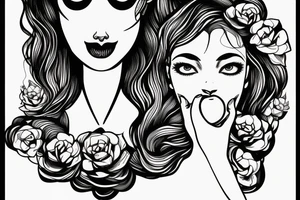 Woman holding apple in front of mouth with succulent hair covering one eye, the other eye open and looking forward. tattoo idea