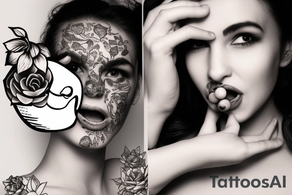 Woman holding apple in front of mouth with succulent hair covering one eye, the other eye open and looking forward. tattoo idea