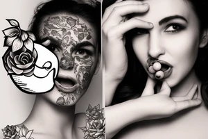 Woman holding apple in front of mouth with succulent hair covering one eye, the other eye open and looking forward. tattoo idea