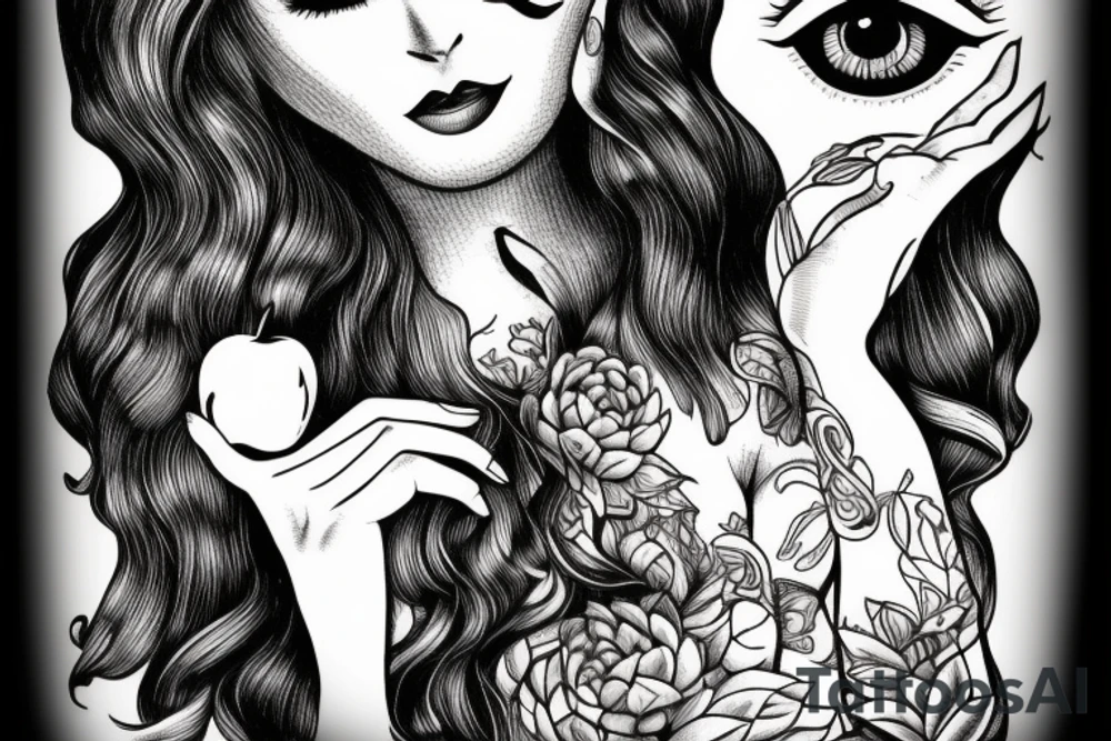 Woman holding apple in front of mouth with succulent hair covering one eye, the other eye open and looking forward. tattoo idea