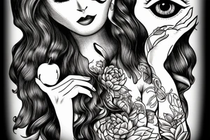 Woman holding apple in front of mouth with succulent hair covering one eye, the other eye open and looking forward. tattoo idea