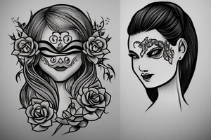 Woman holding apple in front of mouth with succulent hair covering one eye, the other eye open and looking forward. tattoo idea