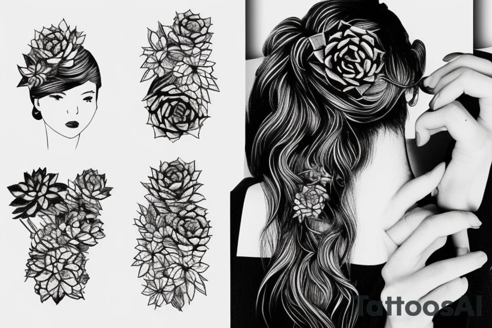 Succulents in hair of woman eating apple tattoo idea