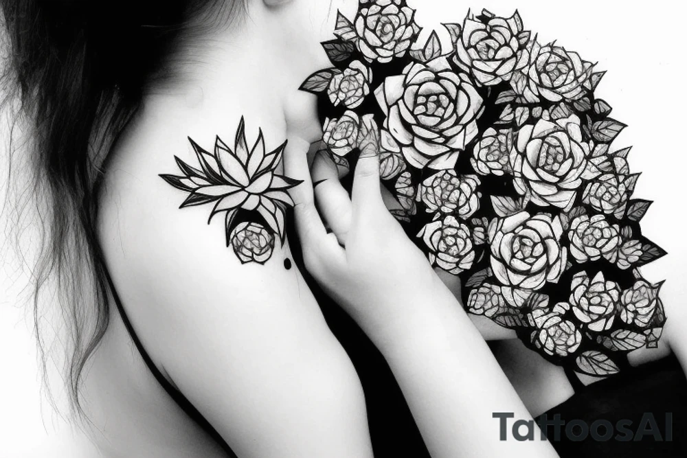 Succulents in hair of woman eating apple tattoo idea
