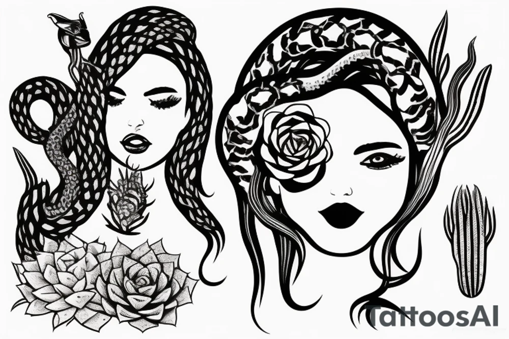 Woman with snake and succulents in hair tattoo idea