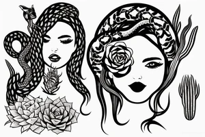 Woman with snake and succulents in hair tattoo idea