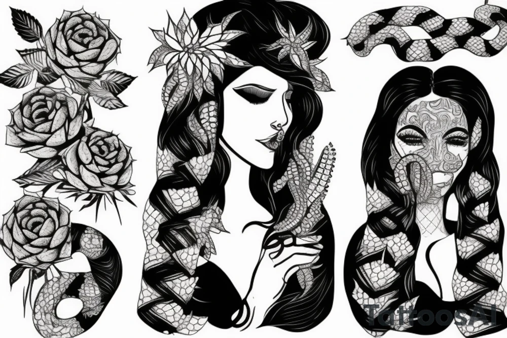 Woman with snake and succulents in hair tattoo idea