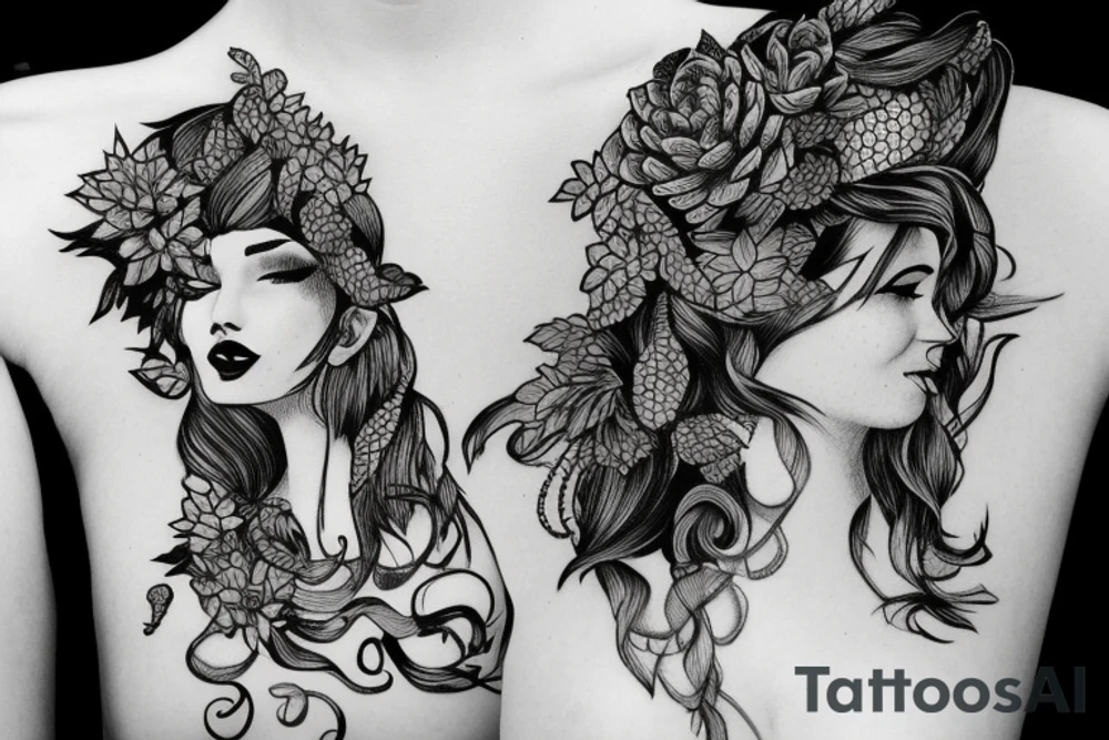 Woman with snake and succulents in hair tattoo idea
