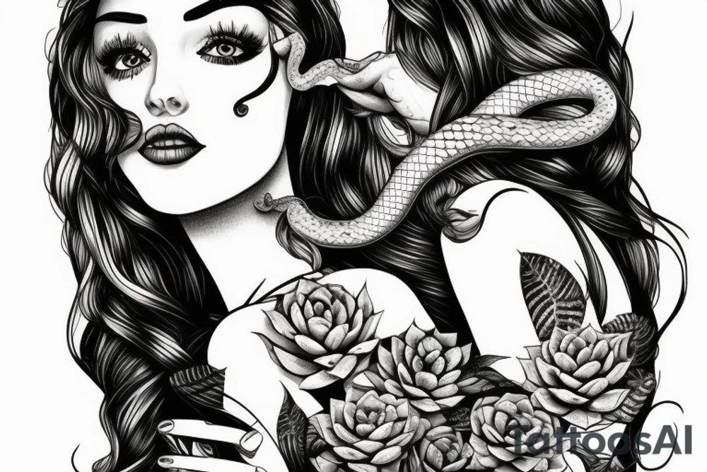 Woman with snake and succulents in hair tattoo idea