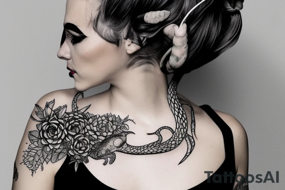 Woman with snake and succulents in hair tattoo idea