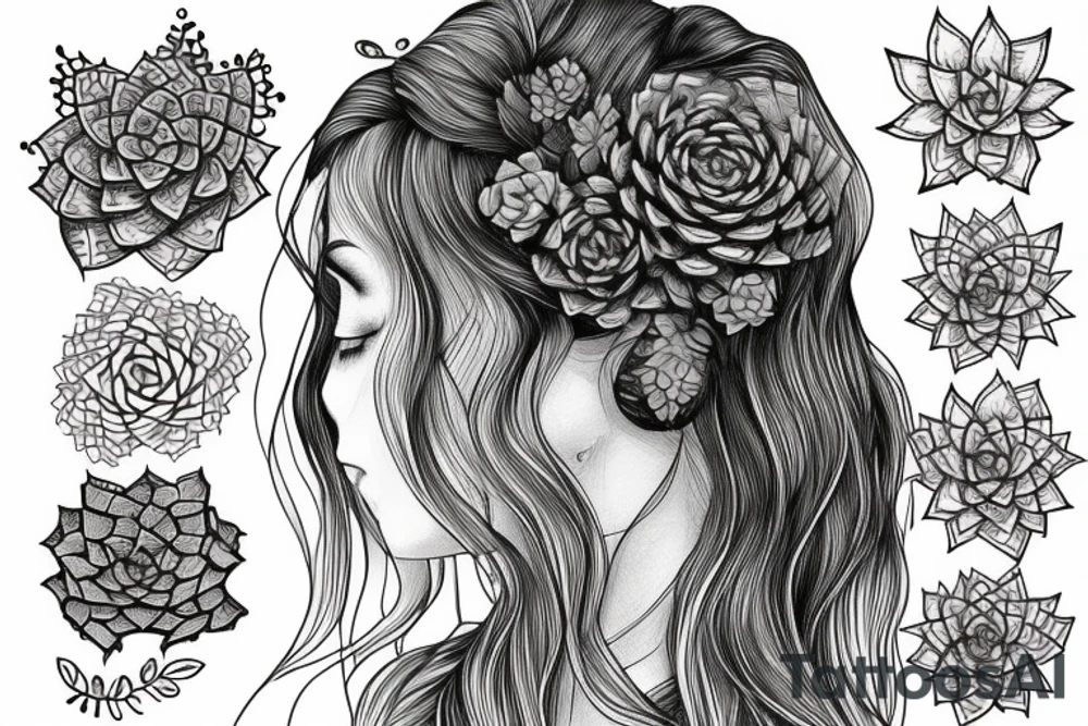 Cascading Succulents in woman’s hair tattoo idea