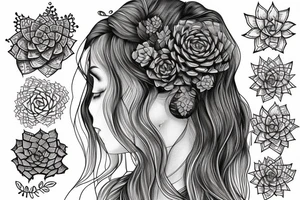 Cascading Succulents in woman’s hair tattoo idea