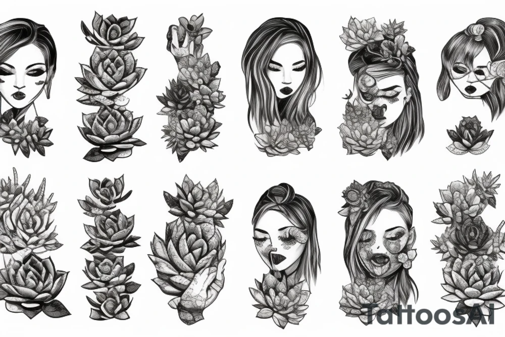 Woman with succulents cascading over one eye, snake over shoulder tattoo idea