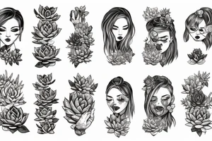 Woman with succulents cascading over one eye, snake over shoulder tattoo idea
