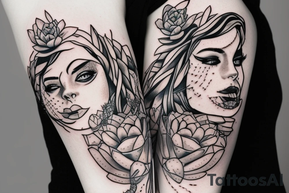Woman with succulents cascading over one eye, snake over shoulder tattoo idea