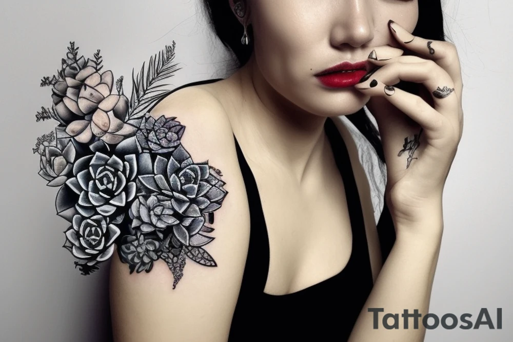 Woman with succulents cascading over one eye, snake over shoulder tattoo idea