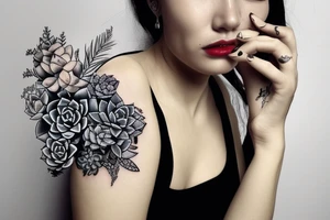Woman with succulents cascading over one eye, snake over shoulder tattoo idea