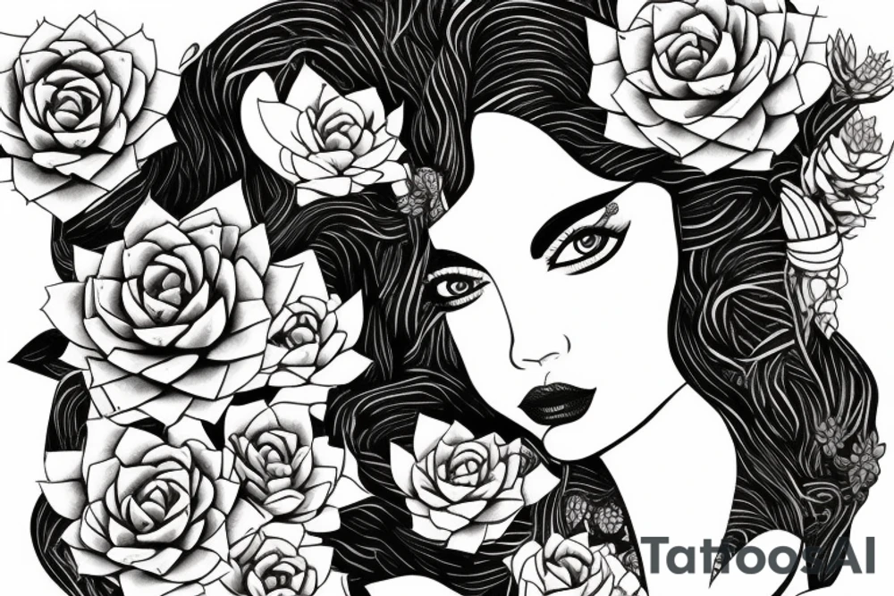 Woman with succulents cascading over one eye, snake over shoulder tattoo idea