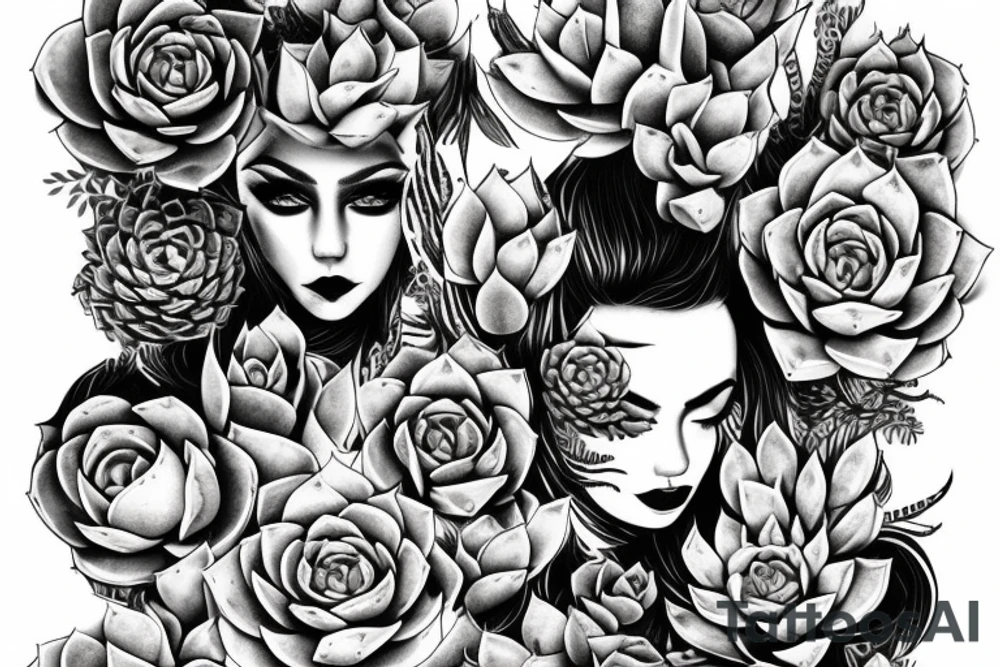 Woman with succulents cascading over one eye, snake over shoulder tattoo idea
