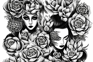 Woman with succulents cascading over one eye, snake over shoulder tattoo idea