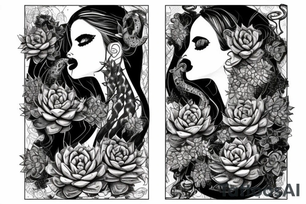 Woman with succulents cascading over one eye, snake over shoulder tattoo idea