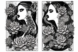 Woman with succulents cascading over one eye, snake over shoulder tattoo idea