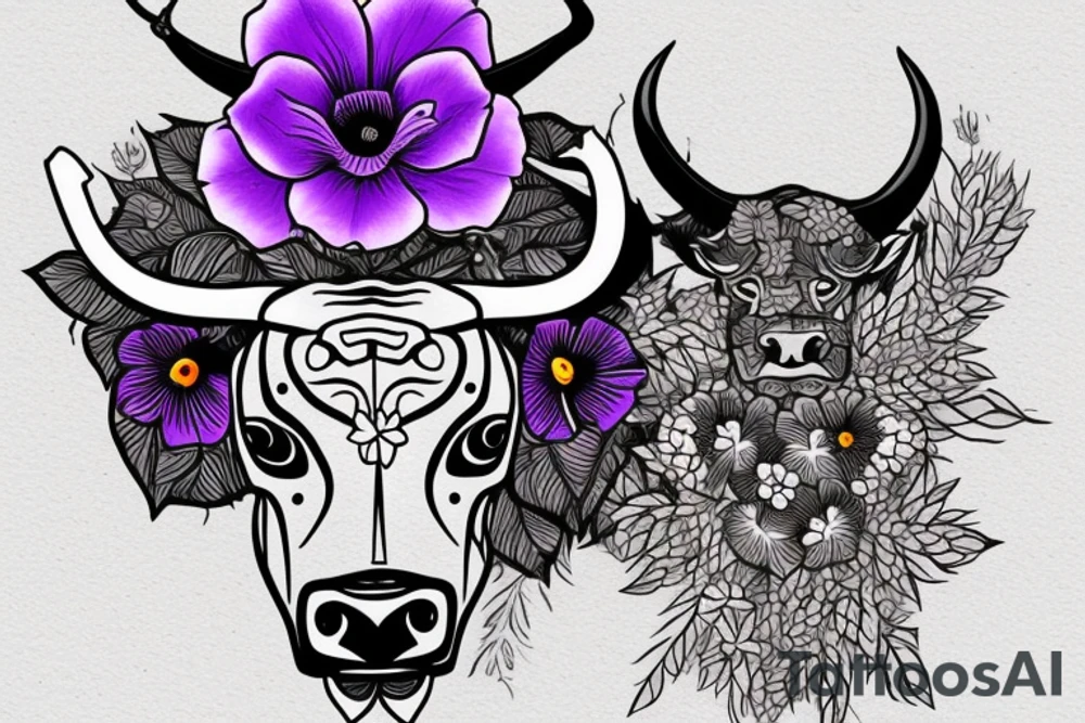 Taurus bull with Violet flower, Morning glory flower, and Poppy Flower around its chest. tattoo idea