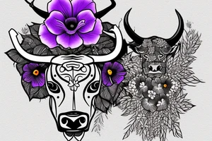 Taurus bull with Violet flower, Morning glory flower, and Poppy Flower around its chest. tattoo idea