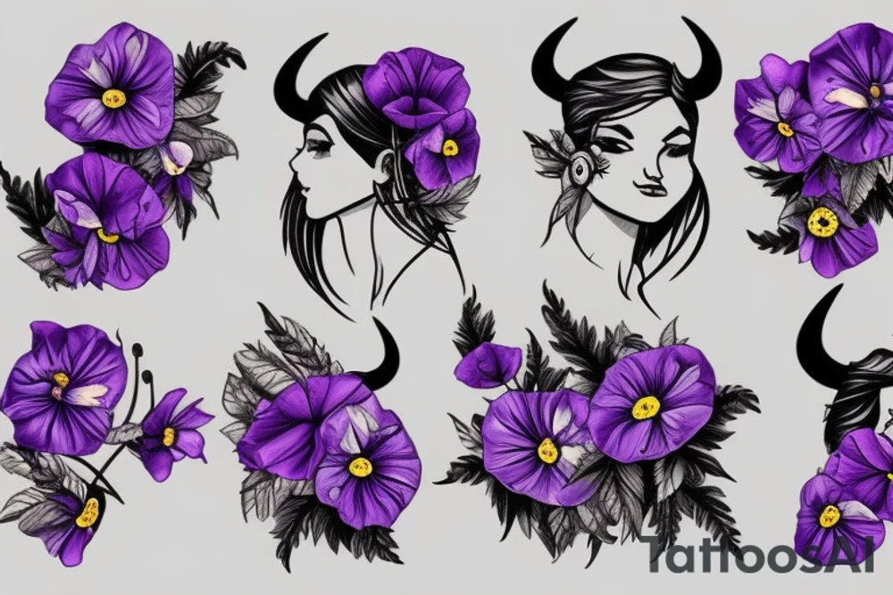 Taurus bull trible Violet flower, Morning Glory flower, and Poppy Flower making half the face tattoo idea