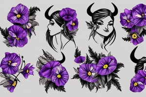 Taurus bull trible Violet flower, Morning Glory flower, and Poppy Flower making half the face tattoo idea