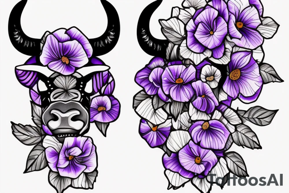 Taurus bull trible Violet flower, Morning Glory flower, and Poppy Flower make up half the face tattoo idea
