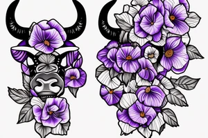 Taurus bull trible Violet flower, Morning Glory flower, and Poppy Flower make up half the face tattoo idea