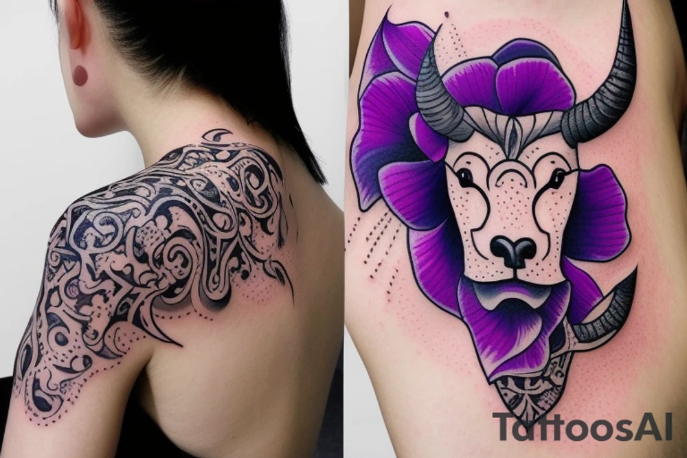 Taurus bull trible Violet flower, Morning Glory flower, and Poppy Flower make up half the face tattoo idea