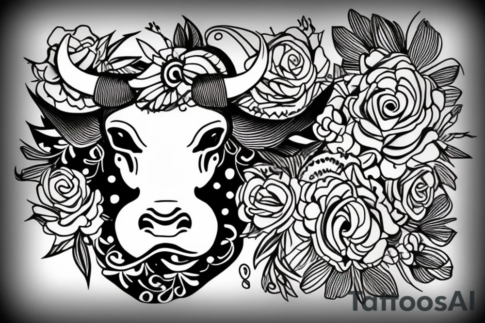 Taurus bull with flowers tattoo idea